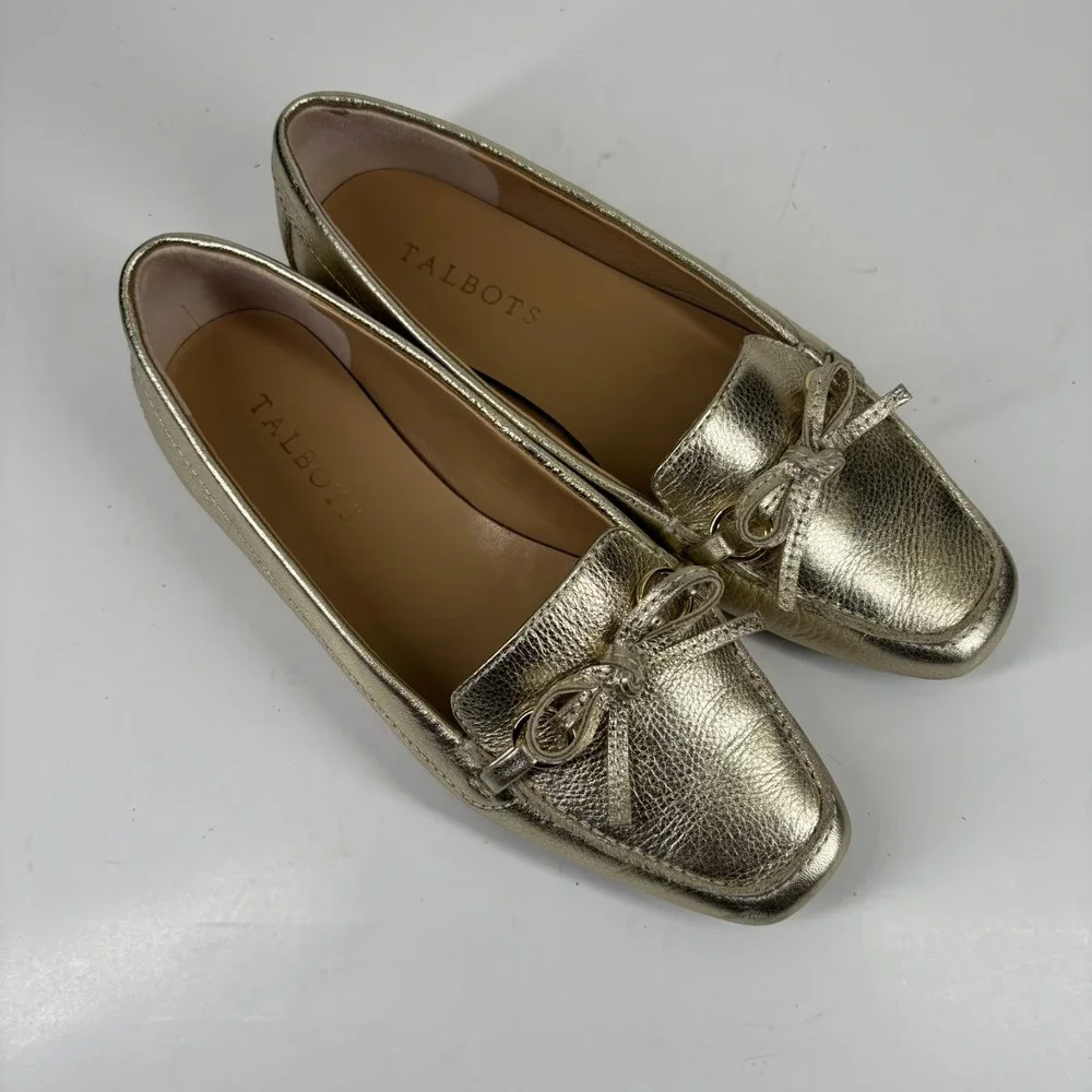 Talbots Women's US 7M Metallic Gold Leather Bow Tie Slip-On Loafers‎ Flats Shoes